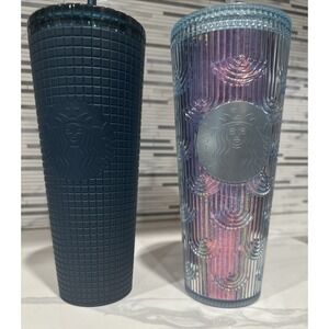 Starbucks Venti‎ Cold Cup Tumbler Set Navy Blue Grid & Iridescent Scalloped 24oz